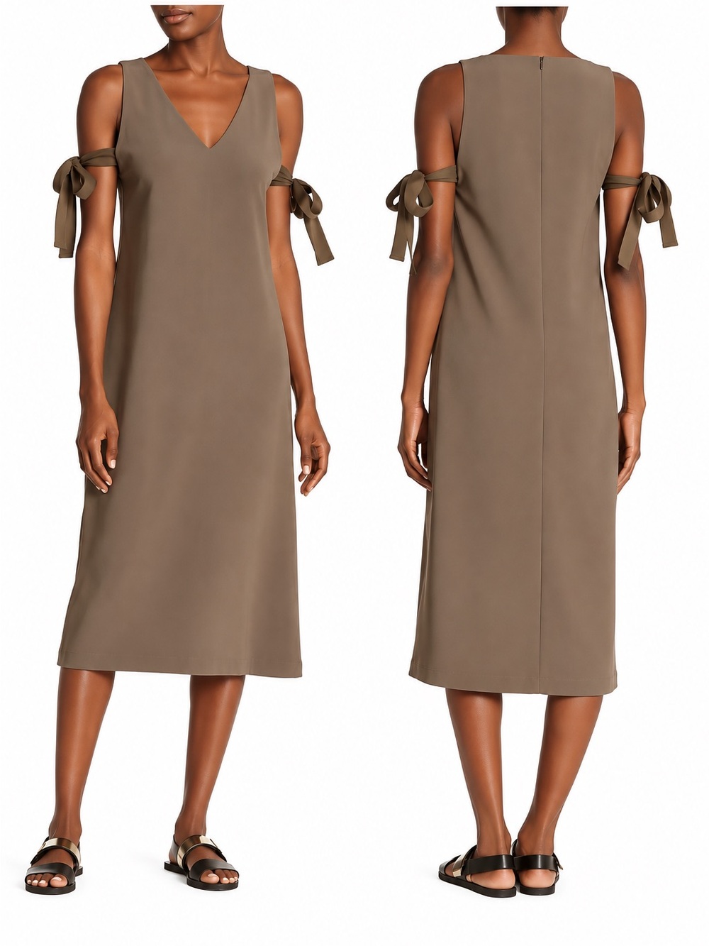 Theory Olive Green Cold Shoulder V-Neck Midi Dress Tie Sleeve Size 0